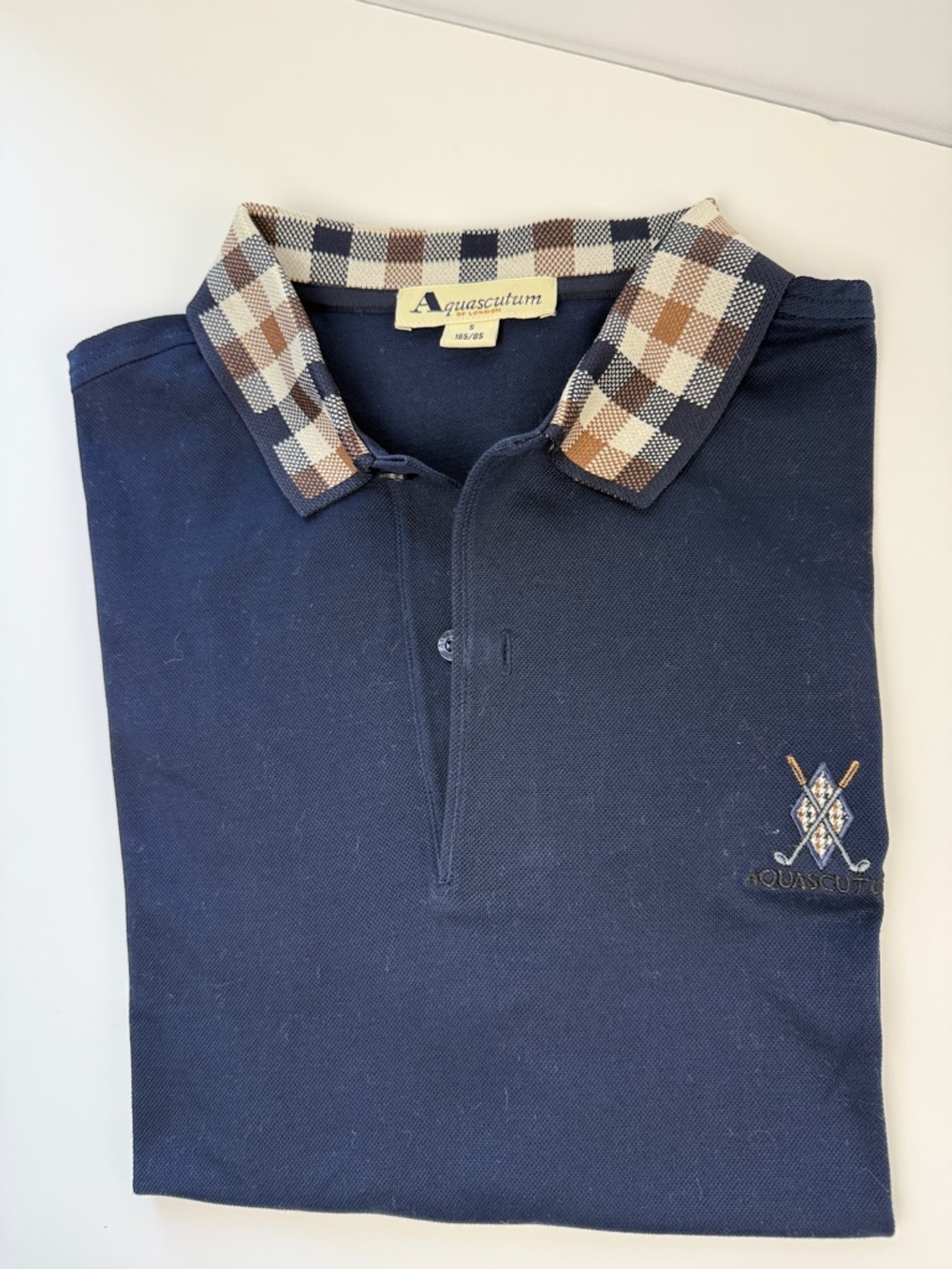 Aquascutum London Navy Polo with Brown Check Collar